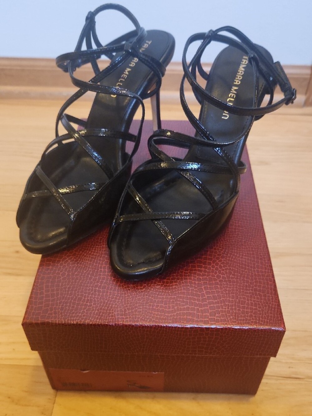 Tamara Mellon Alpha 85 Black Patent Leather Strappy Stiletto Sandal